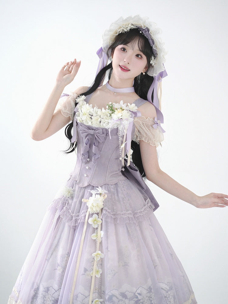 Classic Long Skirt Lolita Decoration + Jasmine Top Print Set Purple Corset Floral