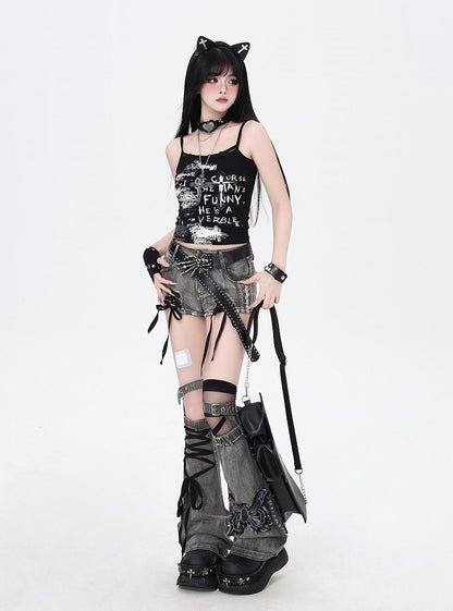 Butterfly with Leg Dusty Gray Lace-up Details Applique Warmers Hem Denim Shorts