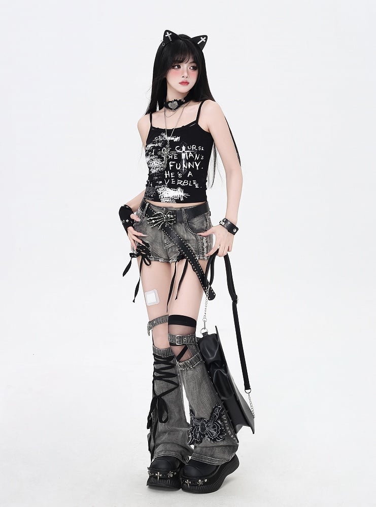 Dusty Gray Lace-up Details Butterfly Hem Denim Shorts Warmers with Applique Leg