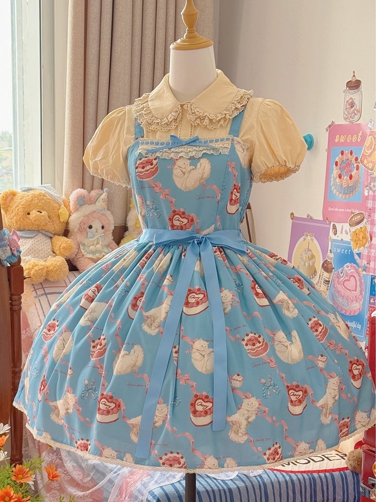 Dress Print Skirt Cute Lolita Jumper Showa Fluffy Kitty Blue Sweet