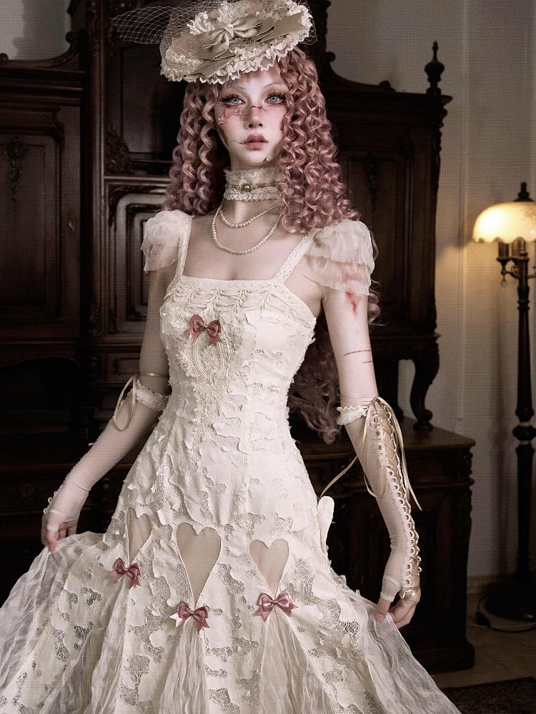 Cream Bows Heart Cutout Light Dress Goth Pink Romantic Slip Summer