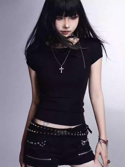 Shorts with Detail Black Low Waist Studded Glamorous Zippers