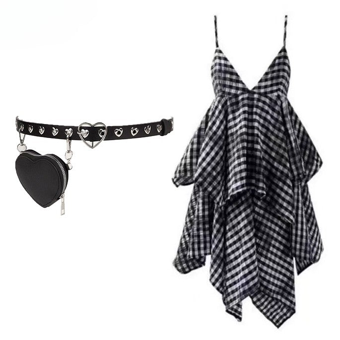 Glamorous Tiered Cross Top Plaid Details Bittersweet + Red Skirt Dye Black Tie Set- Dress Cami