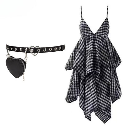 Glamorous Tiered Cross Top Plaid Details Bittersweet + Red Skirt Dye Black Tie Set- Dress Cami