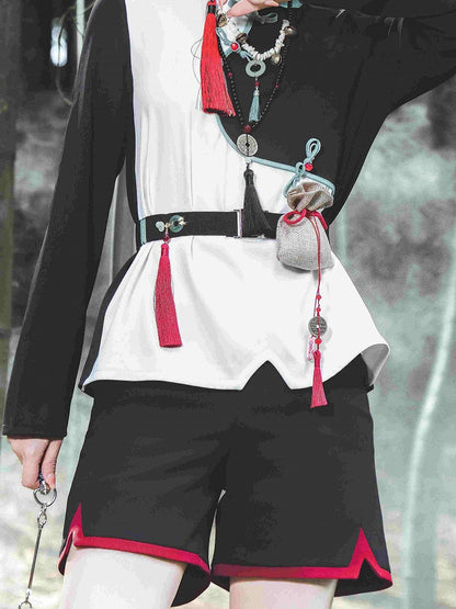Red Black Small Bag Belt with and Tassel