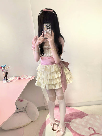 Beige Tulle Balletcore Self-tie Tiered Skirt Bow with