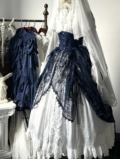 Dark Blue Gothic Lolita Corset Belt with Drawstring Design Cathedral Overlay