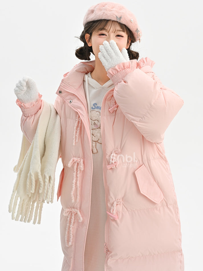 Pink Hooded Down Bowknot Horn Shaped Button Coat
