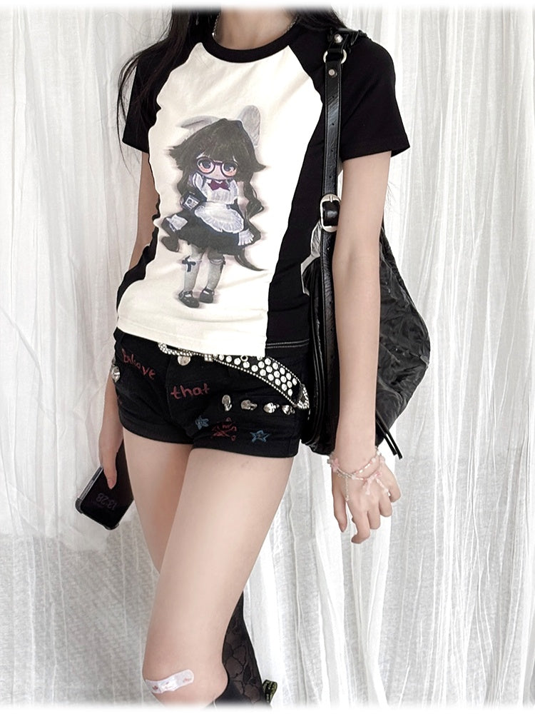 White Colorblock Design Black Anime Girl Print T-Shirt and