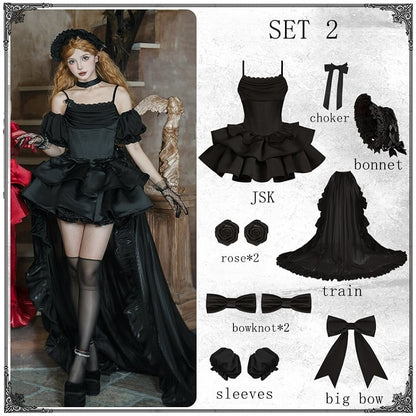 Lolita Full Black Boned Spaghetti Elegant Set Waist Cowl Basque Skirt Neckline Dress Jumper
