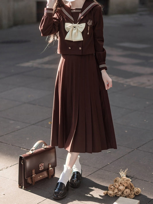 Brown High Waist Pleated Skirt