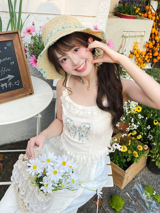 White Butterfly Embroidery Ruffled Lace Hem Holiday Cami Top
