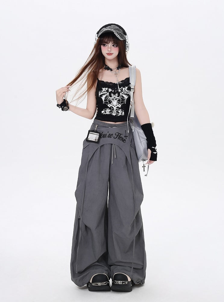 Asymmetrical Accessory Punk Waist Drawstring Waist Wasteland Gray Pants with