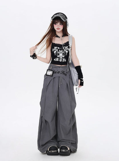 Asymmetrical Accessory Punk Waist Drawstring Waist Wasteland Gray Pants with