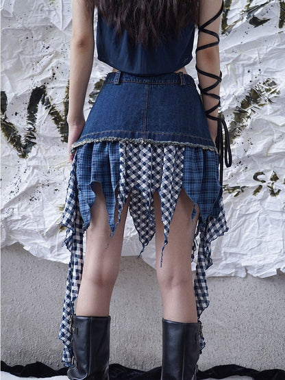 Punk Denim Patchwork Skirt with Lace-Up  Plaid Asymmetrical Hem Blue