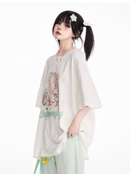 T-Shirt White Round Neck Cute Deer Print Loose