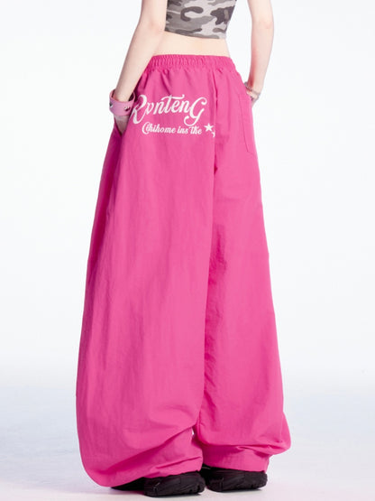 Rose Red Drawstring Waist and Cuffs Wide-leg Casual Pants