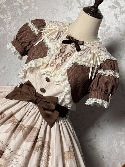 Braunes Lolita-Kleid mit Rüschen und Rundhalsausschnitt, Kitty- und Teddy-Print, Sweet Lolita OP