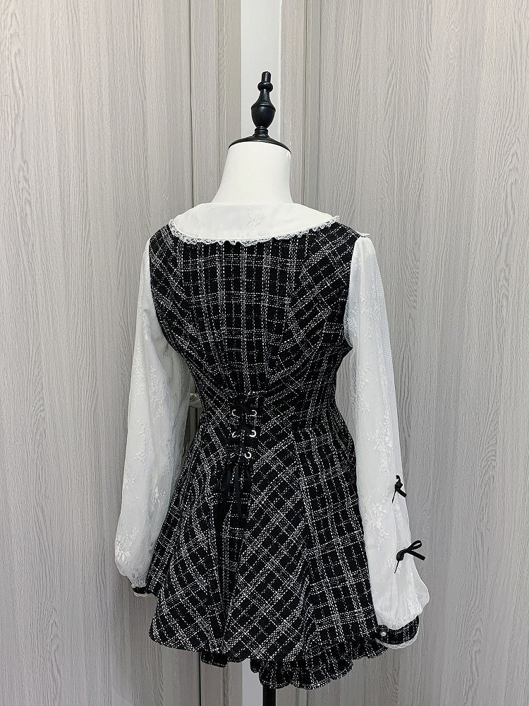 Mini Dress with Shorts Bow Set Detachable Big Jirai Kei Black  White Tweed Peter Pan Collar