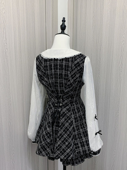 Mini Dress with Shorts Bow Set Detachable Big Jirai Kei Black  White Tweed Peter Pan Collar