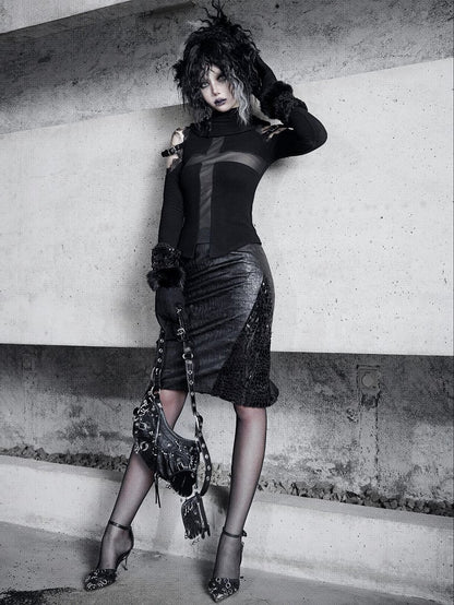 Black Cracked Skirt Goth Office Lady A-line Skirt