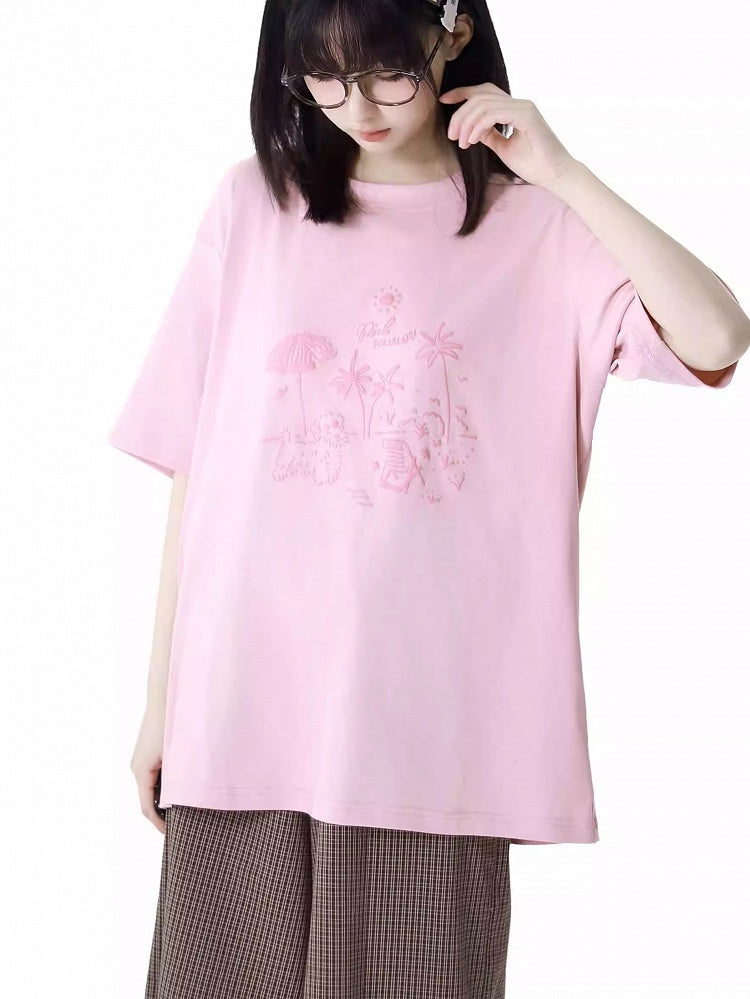 Loose Graffiti T-Shirt Puppy Round Neck Gray/Pink/Light Purple