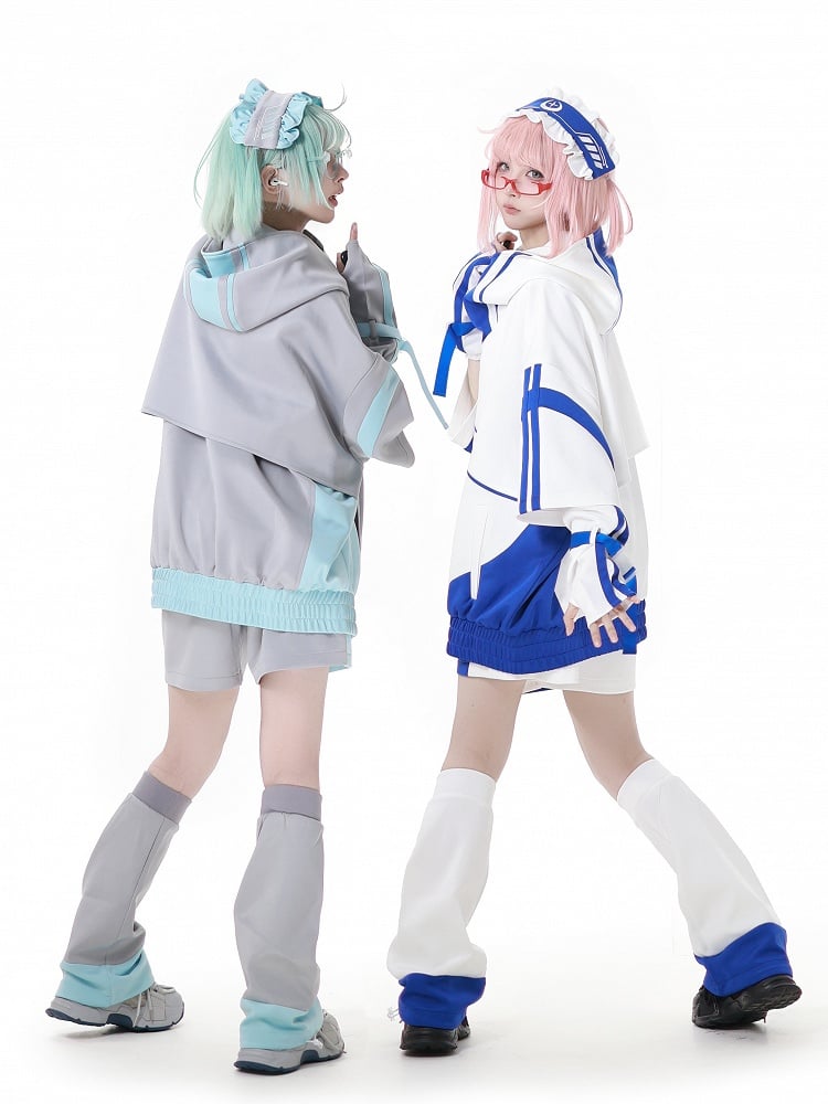 Blue and White Jirai Kei Techwear Straps Design Short Sleeves Zipper Hoodie