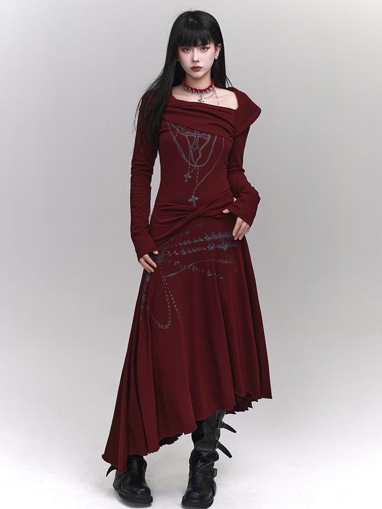 Robe croisée rouge vin asymétrique à encolure et ourlet torsadés