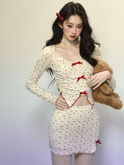 Apricot Floral Pattern Square Neckline Crop Top with Bowknot Details