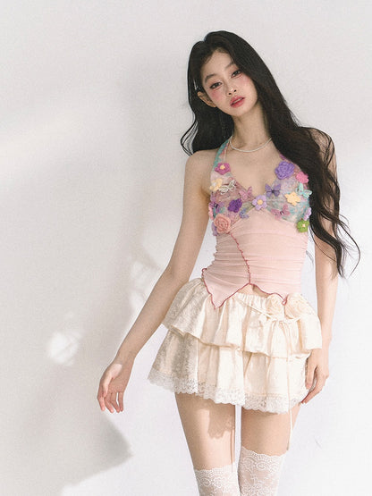 Floral Embellished Pink Lettuce Hem Top Knitted Halter Neck