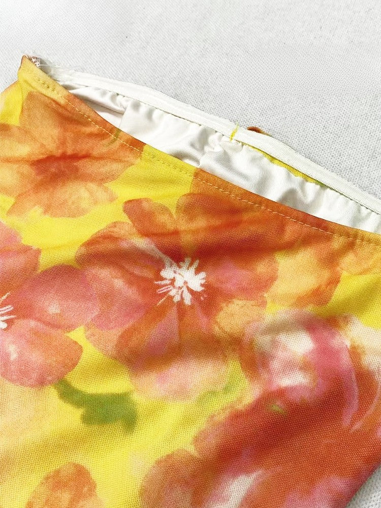 Print Top Ruffle Accents Orange Tube Holiday Floral Cascading