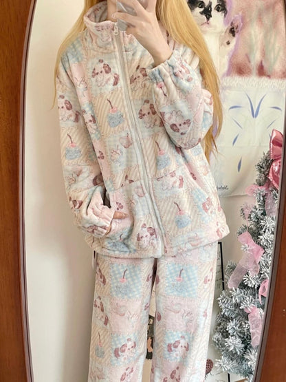 Colorful Patchwork Print Thick Pajama Set