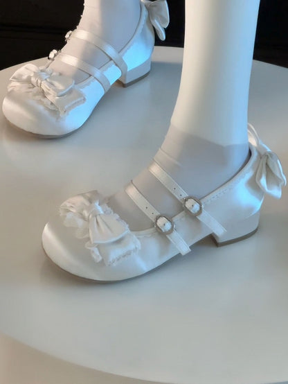 Sweet Janes Double with Mary Satin-Finish Lace Ruffled White Bow PU Lolita Buckles -