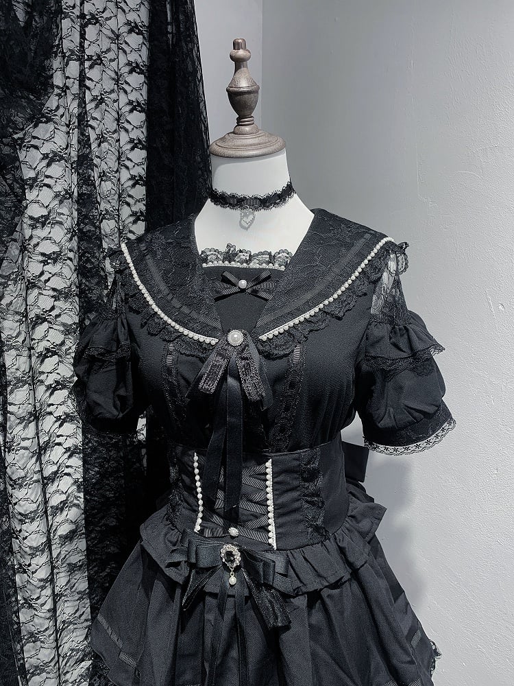 Sleeves Blouse Shoulder Short Beaded Jirai Kei Cutout with Sailor Collar Black/White