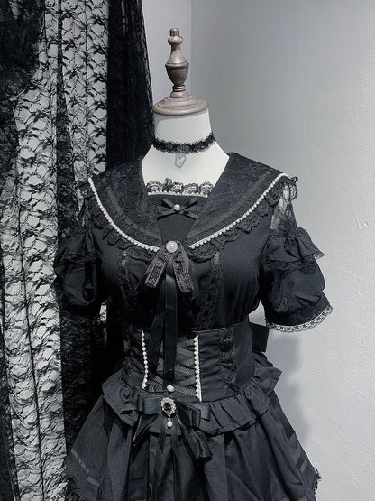 Sleeves Blouse Shoulder Short Beaded Jirai Kei Cutout with Sailor Collar Black/White