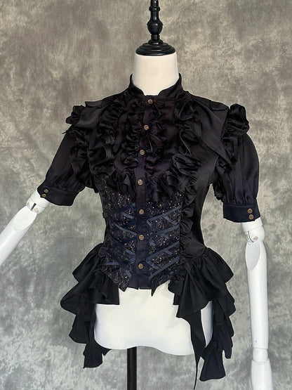 Accents Black Sleeves Shirt Short Ruffle with Ouji Lolita Gothic