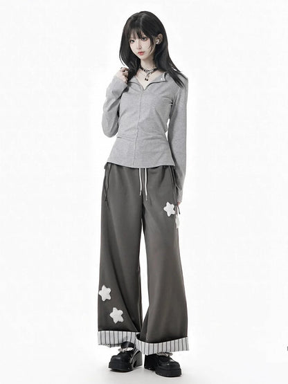 Long V-Neck Black Sleeves Reversed White Gray in Top /
