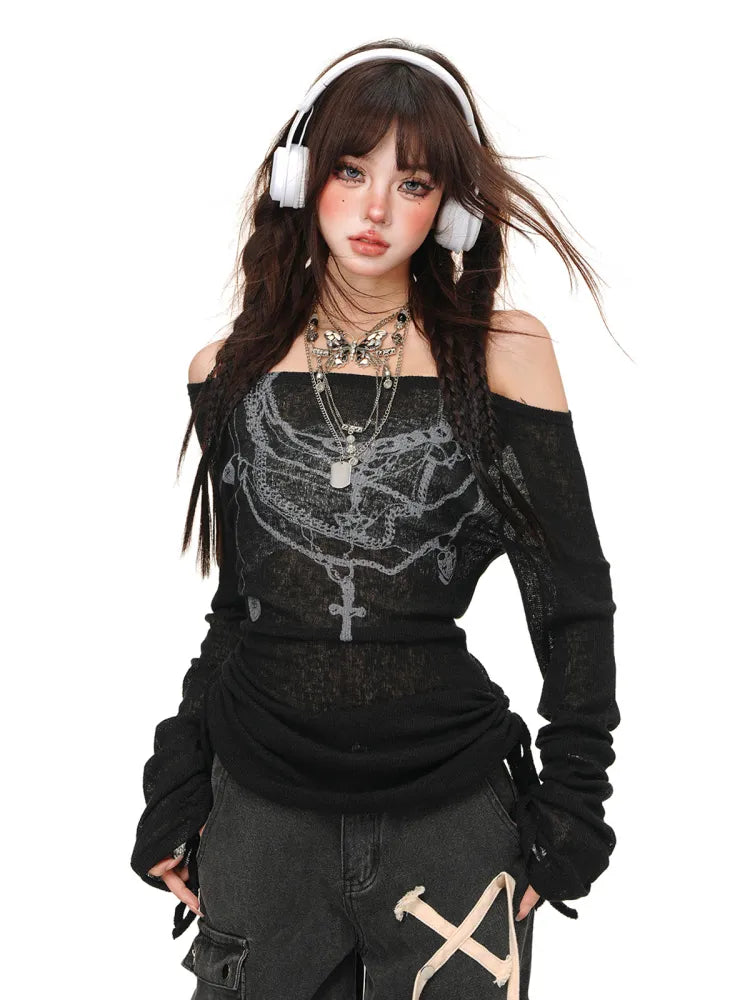 Top Graffiti White/Black Semi-sheer Drawstring Waist