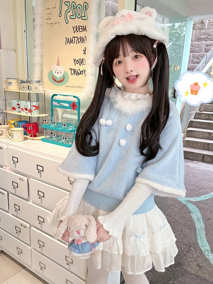 Blue Plush Trim Bows and Pompons Sweater with White Ruffled Cuff Top Set