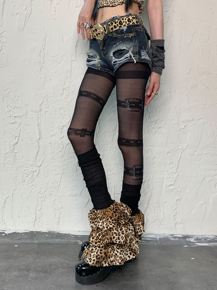 Ensemble de collants noirs à imprimé boucle punk et jambières léopard