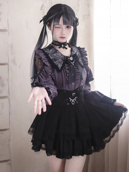 Kei Collar Gothic Black and Style Pointed Blouse: Dark Purple Cutouts with Royal Lace Jirai