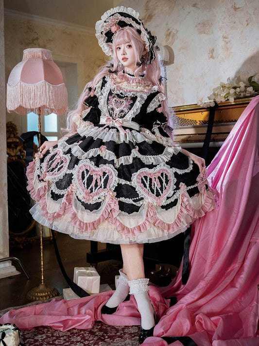 Ensemble complet Lolita OP avec broderie florale et chaîne de perles Hanayome noire