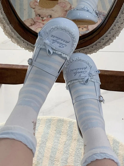 Trim Flats Toe Runde PU Rüschen Stickerei Brief Blau Baby Leder