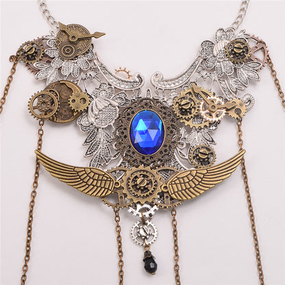 Steampunk Gear Clock Wing Necklace