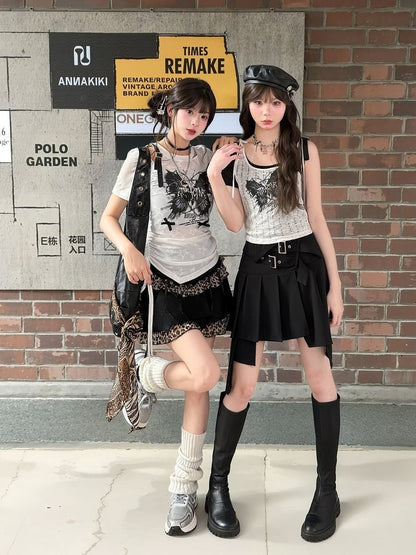 Y2K Black Leopard Pattern Mini Tiered Skirt with Details Glamorous Lace-up
