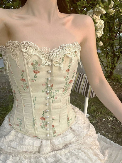 Apricot Floral Cotton Bustier Boned Corset Top