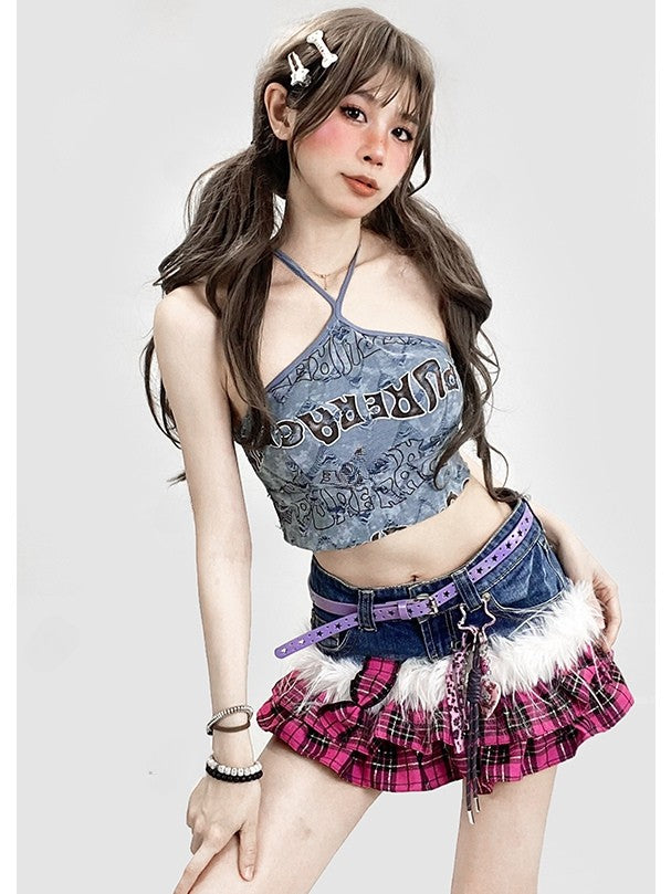 Print Halter Neck Top Letter Kawaii Bittersweet Blue Glamorous