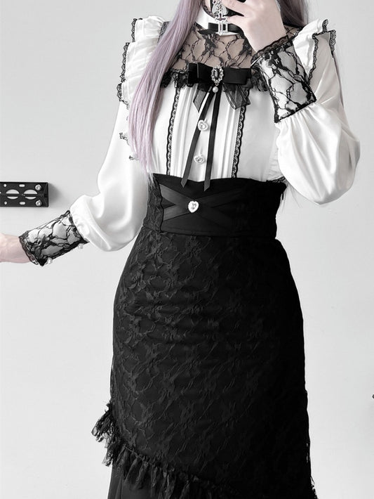 Blouse with White Illusion Neckline Pleating Details Jirai Kei Bow Tie