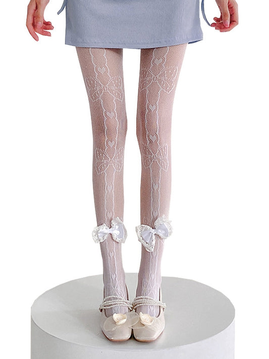 Collants résille noirs/blancs avec nœud blanc crème décoré de nœud et de cœur