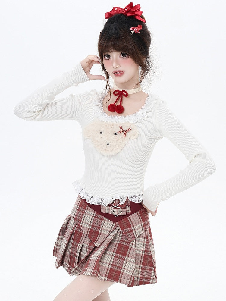 White/Grey/Black Plush Puppy Applique Lace Trim Knit Top